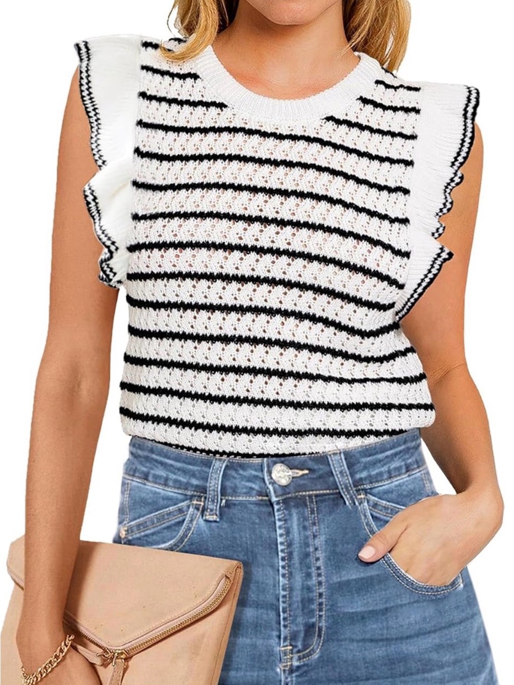 Amazon White & Black Striped Ruffle Sleeve Knit Tank